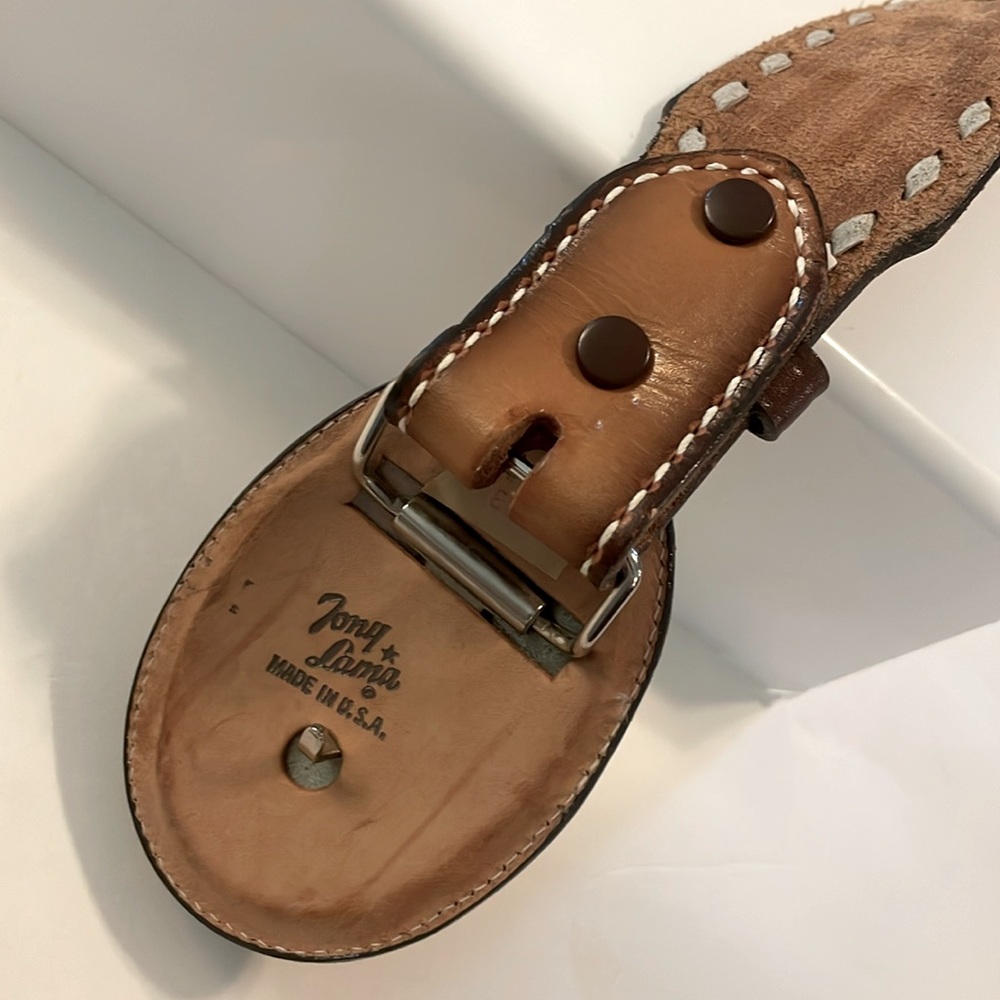 Vintage Tony Lama Rare Men's Western Belt Intricate Tooled Pattern Buckle - Picture 5 of 16